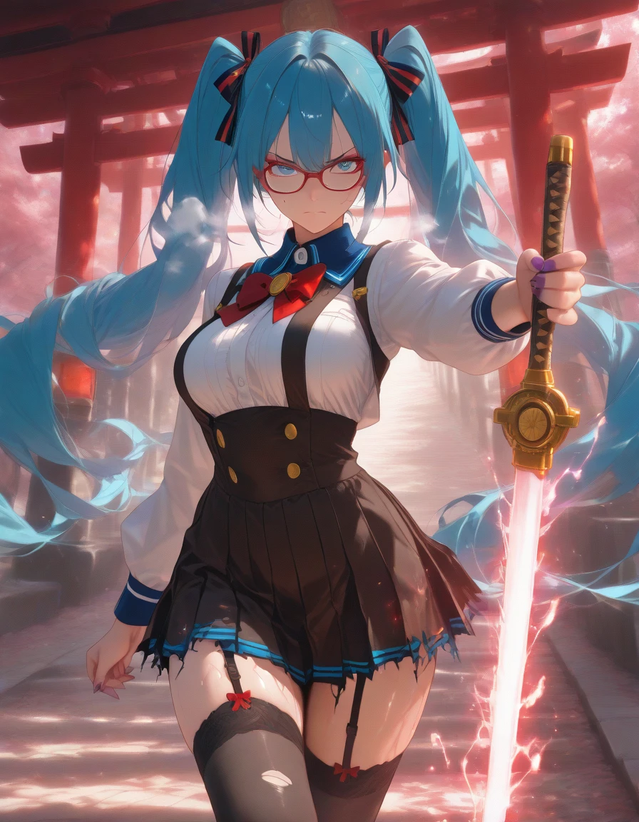 (masterpiece, Best quality: 1.2), solo, 1 girl, Konosuba ,aqua, Angry face, frowned, angry, looks at the viewer, detailed clothing, detailed fabric, Hair rings, glasses, pointer in hand, Short black skirt, a white blouse,thigh-high stockings, open navel, open belly,huge breasts, wide hips, teacher&#39;s room, cowboy shot, leaned forward