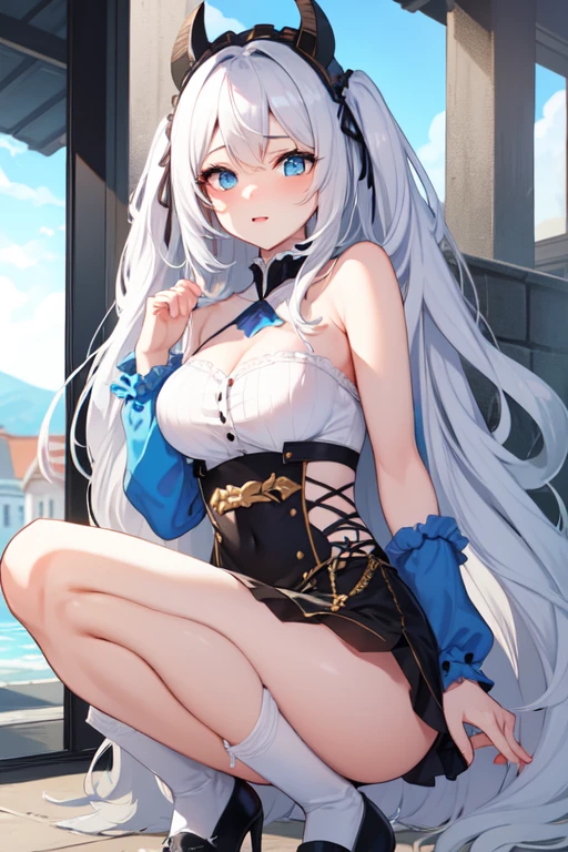 Highly detailed, high quality, masterpiece, beautiful, (all photographic shot), girl student girl, Furina character of genshin impact, perfect eyes, pretty eyes, clear eyes, blushing face, happy face, big thighs, with headband, medium chest, long hair, sexy, short skirt, shows full panties, background image on a bed