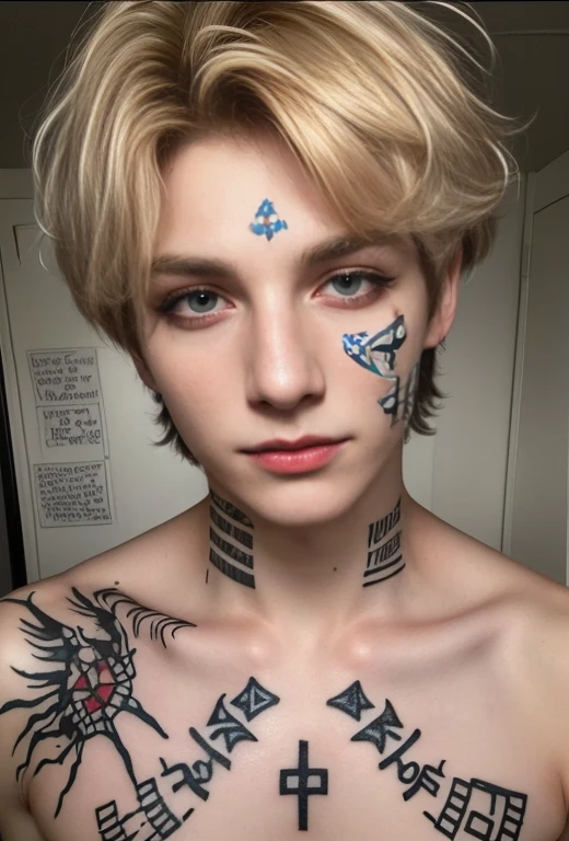 A detailed realistic photo of a young beautiful twink 18-year-old boy cyberpunk shadow hunter with a realistic preternaturally cute boyish face (Asher Angel). Naked. Lean. Skinny. Short blonde hair. Sidecut. Tattooed. Overlooking a glowing cyberpunk metropolis from an airship at night. very small uncircumcised cock and testicles exposed. Short trimmed pubes.