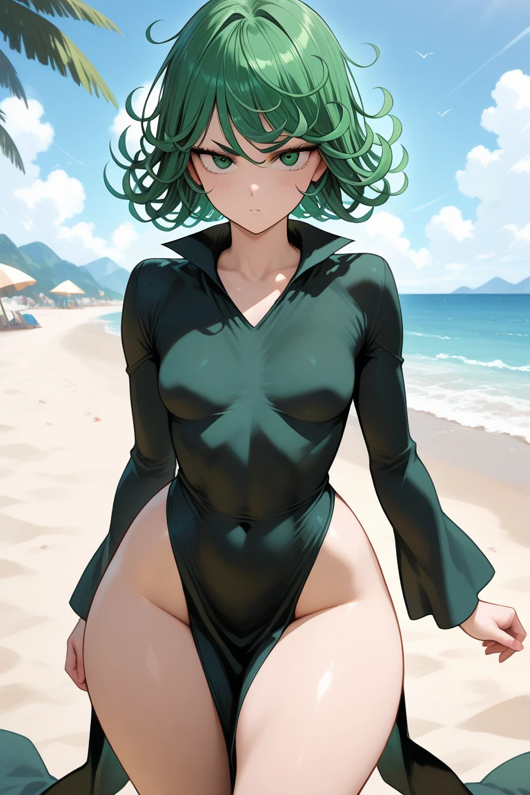 parte superior do corpo, fubuki, 1girl, solo, (underboob), nua, bikini, mangas curtas, olhos verdes, olhando para o espectador, sorriso, fundo simples,