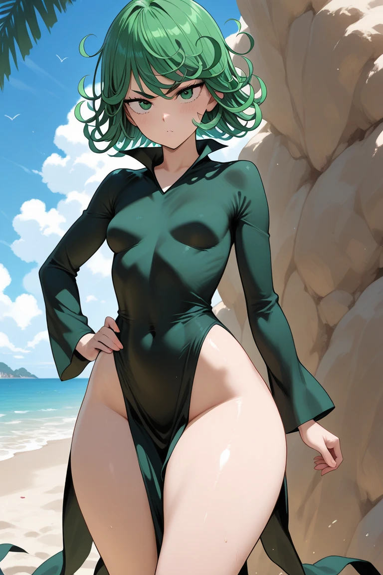 (work of art, best qualityer: 1.2), standing alone, 1 girl, tatsumaki, Lewd, cloused mouth, looking ahead at viewer, in this, Broad Hips, short bikini, standing, legs spread open, blue sky, humor, full body photo, medium breasts