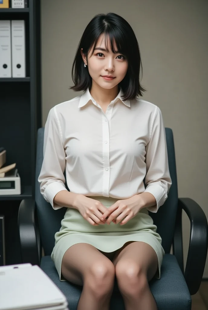 (pure Japanese cute girl), in a secretary room, ( 18 yo girl), short hair, skirt, (thighs), blouse, laughing, 