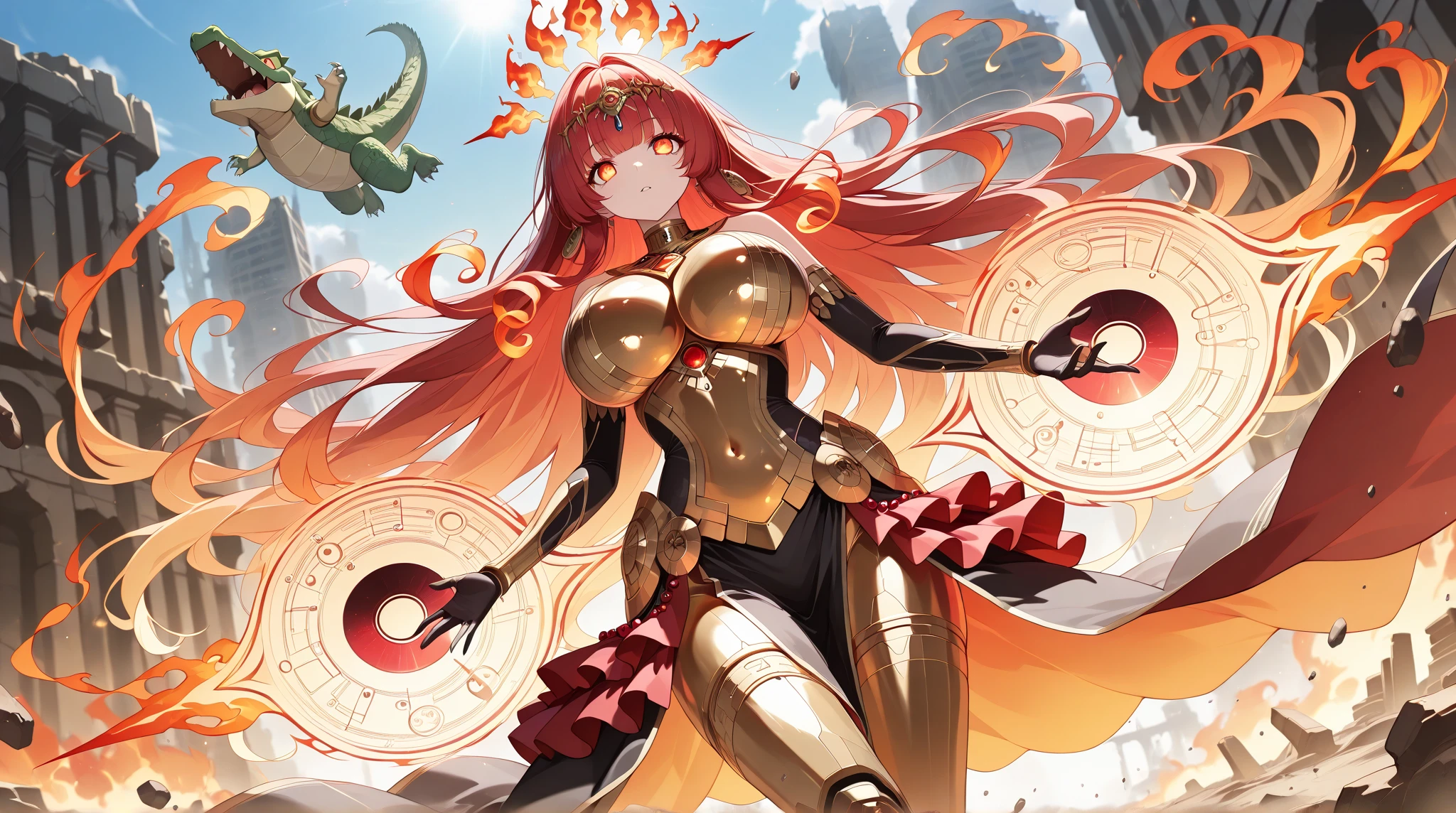 woman, long hair,, Golden Armor, Sagittarius Armor, very long hair, (long hair), long hair, (((Red hair))), (((Red hair))), Detailed images, Super definition, 16K, looking at camera, wing, Golden armor, helmet, Sagittarius Armor，Huge breasts，cleavage