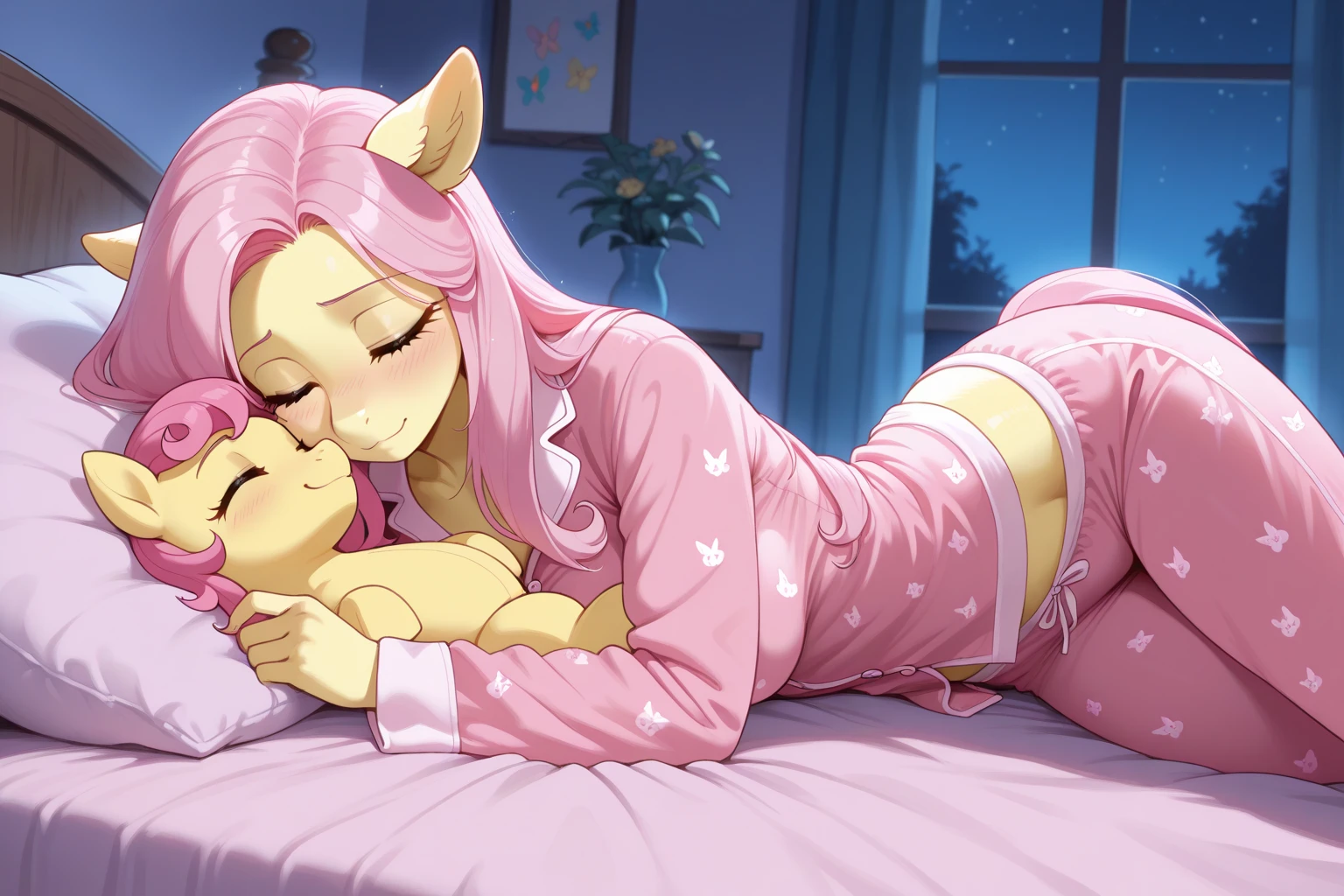 [fluttershy], [Uploaded to e621.net; (Pixelsketcher), (mayosplash), (wamudraws)], [uploaded to twitter.com; (@senip)], ((masterpiece)), ((HD)), ((high quality)), ((solo portrait)), ((full body)), ((feet visible)), ((furry; anthro horse)), ((detailed fur)), ((detailed shading)), ((beautiful render art)), {anthro female; (slim figure), light-yellow fur, horse snout, (long pink hair), (long pink tail), (light-yellow pegasus wings), (long eyelashes), (cute green eyes), (half-closed eyes), (small boobs), (gorgeous hips), (beautiful legs), (beautiful feet), (defined leg muscles, (sweat on forehead), (blushing), (surprised), (tongue)}, {(light-green), (white panties)}, {(on bed), (laying on back), (head on pillow), (hand over crotch), (covering crotch), (sleeping)}, [background; (bedroom), (window), (starry sky), (ceiling lights), (ambient lighting)]