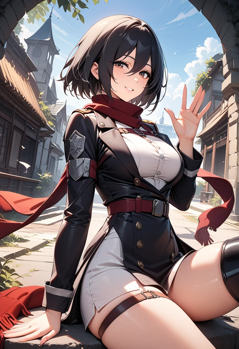 ((masutepiece)), (Best Quality),8kwall-paper、A dark-haired、so short hair、16age、girl with、leather armor、The sword、adventurer、Fantasia、Show your teeth and smile、Healthy beautiful girl