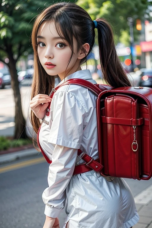 Masterpiece, hd, best quality, a woman in a pink dress holding a red backpack, eyes). full body, anime movie, luxury dress, bus, school bag, in clothes! highly detailed, ???, blonde girl, full art, full uniform, chinese girl, as real person, humanization, wearing unusual clothes, trains