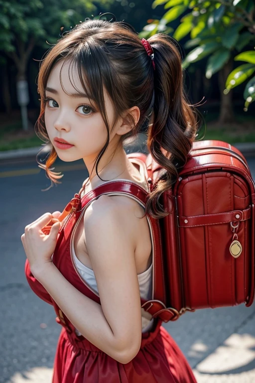 masterpiece, High resolution, Realistic, Black Hair, Asian Girl, p○nytail, hair ribb○n,((the face of a very young child:1.1)).○, 1girl wearing a pink id○l dress (((Sparkling idol dress that exposes beautiful thighs:1.2)))、(Wearing a flipped up, too short mini frill skirt), (Black Hairのアジア人), Outdoor, ponytail, Are standing, Outdoor, wearing red Backpack, (Backpack:1.1) (Red backpack:1.2)、((Beautiful thighs:1.39)),((Adorable idol:1.4)),((Girls who love to show off their panties)),nsfw , FOCUS BACK VIEW, ALL BODY VIEW.