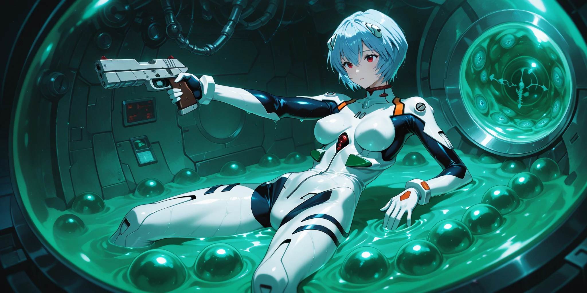 (((Ayanami Rei))),1girl in,Solo,(masutepiece,Best Quality, Official art, Beautiful and aesthetic:1.2),(超A high resolution, (4K), (Photon mapping, Radio City, Physically-based rendering,Automatic White Balance), technological sense,amazing,Sharp Focus,Rich background, (((High detailed skin,)))Dynamic lighting,intricate detailed outfit,kawaii,Watery eyes,((Short hair,))deadpan, skiny,  turtle neck, body suit, mechs,(masterpiece sidelighting),(a beauty girl,The sheen),(sky blue hair,Pink eyes,）[[Delicate fingers and hands:0.55]::0.85],(Detail fingers),(kneel down on the ground), 20d,((universe:1.4),gun,(Shooting position:1.3),