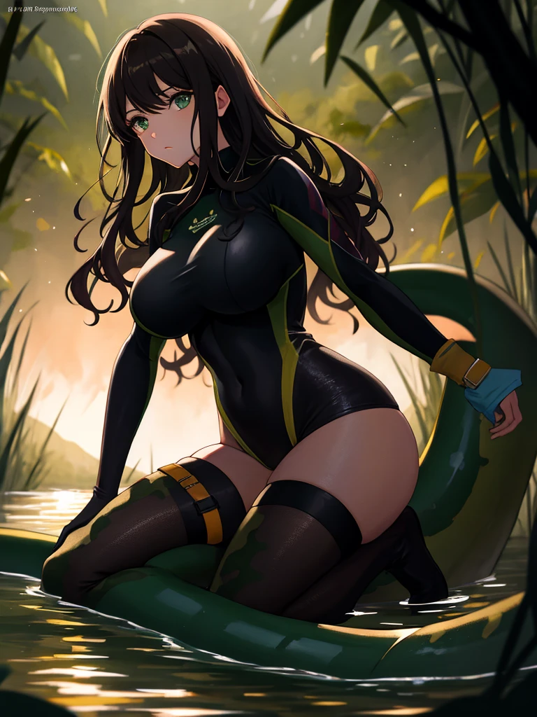 (((A young woman))), the anime, Green eyes, (black hair), Nice face, a smile, the perfect body, Wavy Hair, length hair, (((brunette woman))), big breastes, ((巨作, 最好质量)), illustration, ультра детализированная 8k, Photorealistic, sharp-focus, Heavily detailed, Professional lighting, colorful details,Glowing, bright details, Rainbow colors, rainbow, waterfall, mountain, River, Jungle, Snake, cobra, boa, Huge snake, hanging on a tree