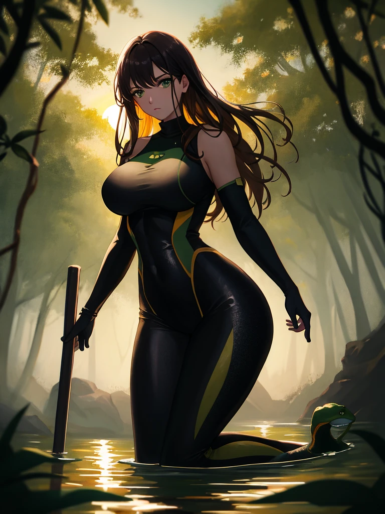 (dark hair with slight blue hue, long hair) , yellow slit eyes, in forest, tight leotard,open on abdomen from cleavage to below belly button with belly showing, massive tits, small green cape over her right shoulder, thigh-high boots, green gloves, snake tattoo on left leg