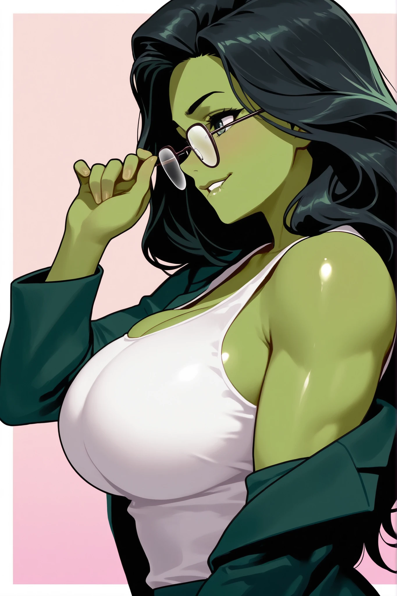 Masterpiece, top quality, 18-year-old Jennifer Connelly transforming into She-Hulk, from side, Beautiful profile, showing her body, 8k, Wide-angle , shiny long black hair , radiant smile , dark green high school uniform jacket, white tank top, big breasts, taking her glasses off seductively, biting lip