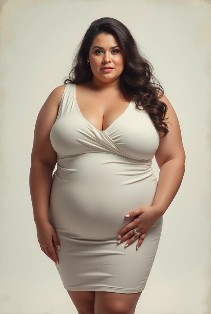 Produce an 8K masterpiece image of a plus-size woman embodying cinematic beauty and grace. Highlight her big, curvy figure and plump face, emphasizing her big, round chest with deep cleavage that exudes allure and confidence. Capture her slim belly and high waist, along with thick thighs and a radiant complexion with spotless white skin. Showcase her black hair styled in wavy perfection with bright highlights, complemented by a flawless makeup look that enhances her beautiful lips and eyes. Dress her in a stunningly designed, colorful short dress that accentuates her curves. Set the scene against a backdrop of opulent luxury to complete the high-fashion aesthetic.