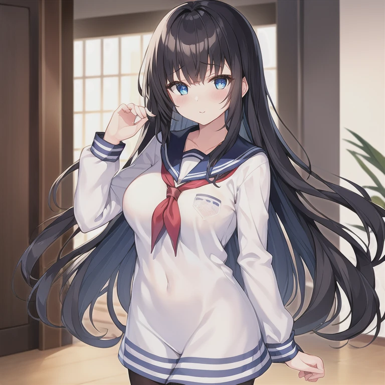 8k, (master piece, best quality, high resolution), cowboy shot, (no hat:1.3), BREAK a girl, beautiful breasts, Blue eyes, (((frown))), BREAK ((wet hair)), (long hair, black hair), BREAK (wet clothes, short sleeve sailor suit, separated uniforms), BREAK (Black pleated skirt, black sailor color), BREAK (red neckerchief), BREAK ((heavy rain, outdoors, bad weather)), 