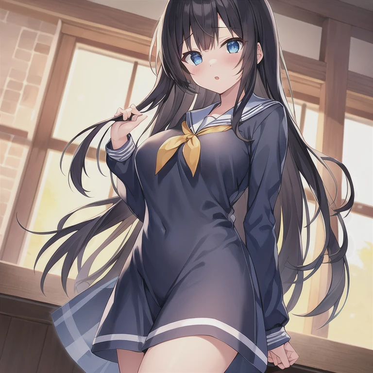best quality, 4k, highres, masterpiece:1.2, ultra-detailed, realistic:1.37, HDR, studio lighting, vivid colors,Cute little girl s、a junior high school student、Yukina Himeragi、a sailor suit、(pull up one's jacket:1.1)、Filmed on video、Nervous、A room in a hotel、The length of the skirt is short、Sensational attire、Adult Video Interviews