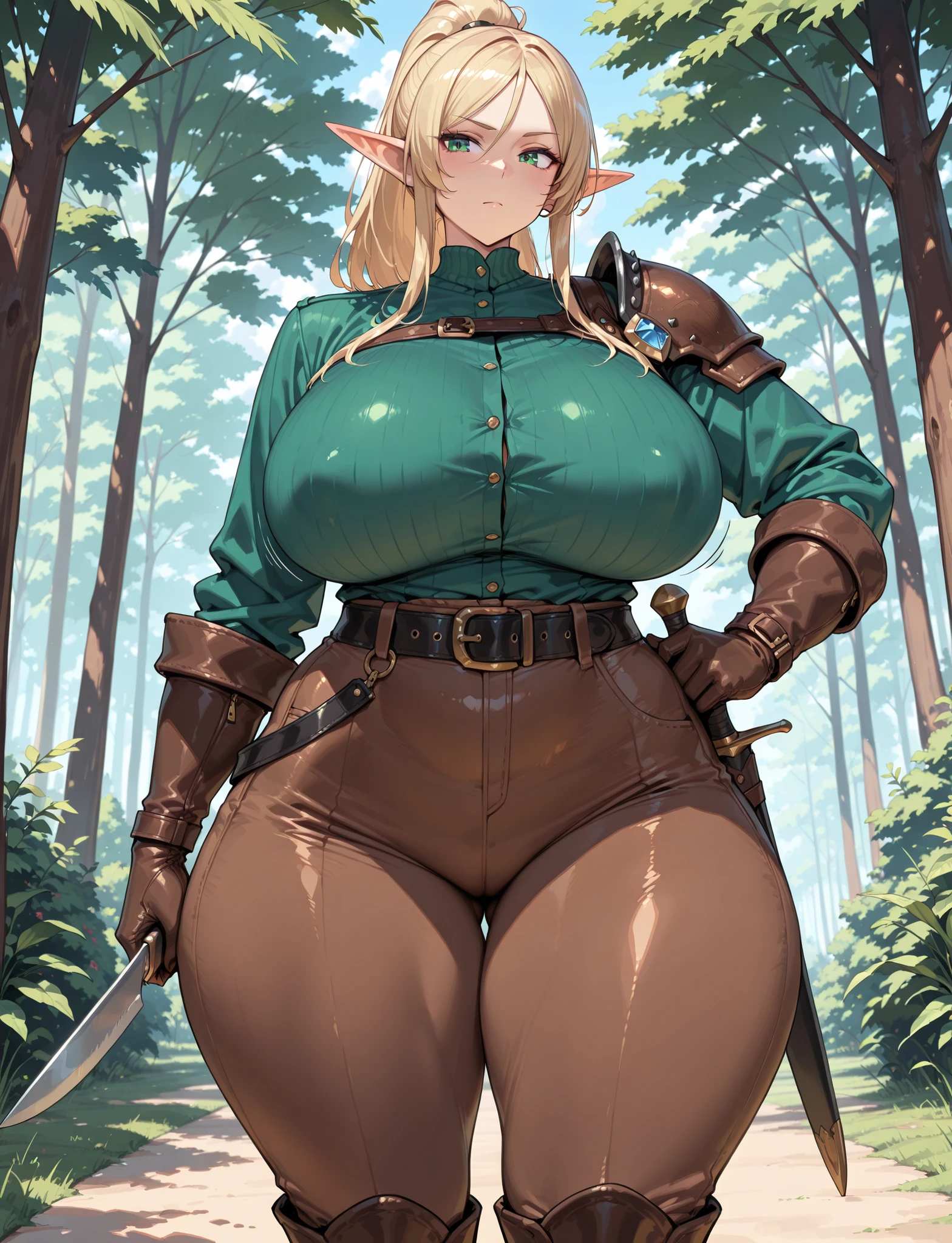 valka, vambraces, knee pads, bikini, thong boots,green eyes, auburn hair, long hair, single braid, mature woman, 1girl, solo,nudity, massive breasts, gigantic breasts, sagging breasts, pussy, slutty pose, outdoors, shoulder armor, armwrap, boots, (best quality:1.4), body focus