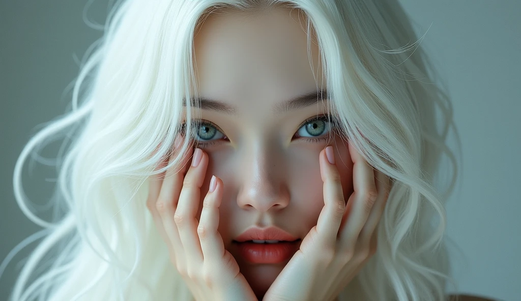 A magazine cover entitled "FLUX". It depicts above view of extremelly beautiful Korean girl, korean idol, kpop style, slender body, detailed skin texture, detailed beautiful eyes, detailed sexy moist lips, natural make up, detailed long silver messy hair, small breasts, black sheet, fully naked, one hand is covering breasts and the other hand finger sucking, medium breasts, grey eyes, sexy light pink moist lips, slightly open mouth, looking to the viewer, Bright front soft studio light, 8K, hyper-realistic, photorealistic, (depth of field:1.1), sharp focus