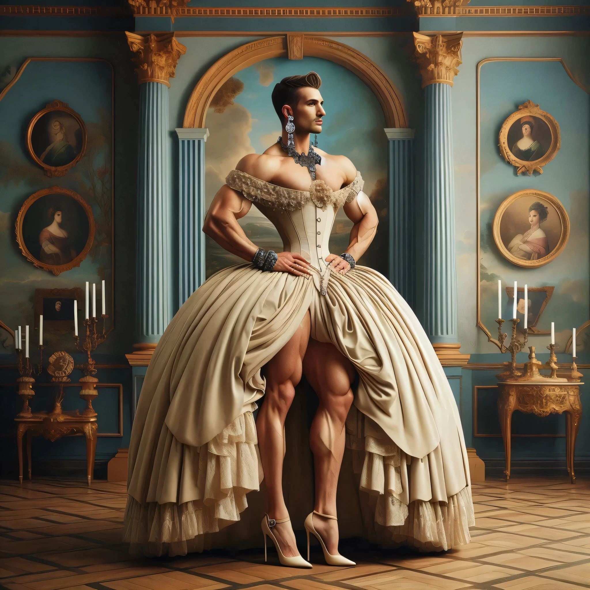 A masculine muscular hunk man with very short hair,  lingerie, gaff, black nylon stockings with lace top, padded bra, extreme black stiletto high heels and with metal heels and pointy toes garterbelt, with makeup, fake nails and fake eyelashes, long earrings, bra,