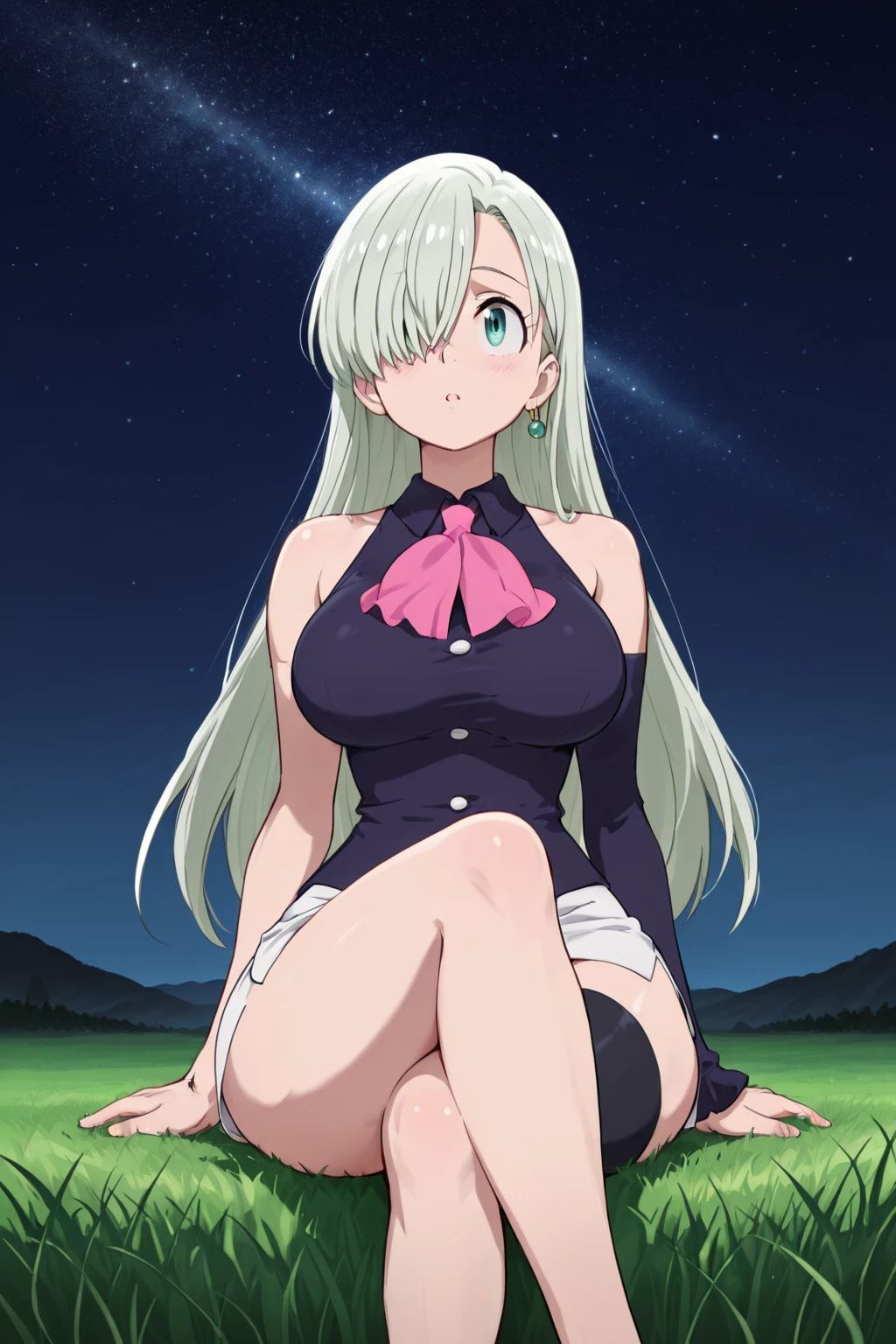 1girl, chloe, dark_skin, long_hair, pink_hair, yellow_eyes, hair_between_eyes, bangs, harf_updo, one_side_up, from above, (9years old, short stature, Short arms, Short legs), lie on one’s back, lying, spread legs, open legs, perfect anatomy, (regulation navy blue one-piece swimsuit), big ass, gigantic breasts, huge breasts, large breasts, naughty smile, bed, anime, anime screencap,