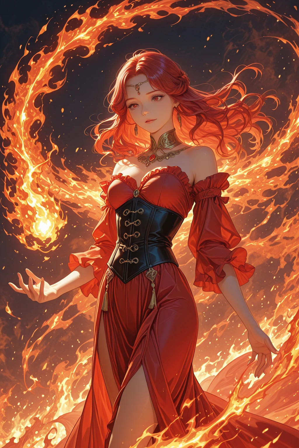 fire mage, (young seductive female: 1.5), (ginger hair: 1.1), (happy angry look: 1.5), skinny, magic symbols and patterns, (red and black robe: 1.5), fire splash and lava background , casting fireball, full shot, ((looking at viewer:1.2), (from side:0.8)), athletic, volumetric lighting dynamic lighting, real shadows, vibrant contrasting colors, style of Stephen Hickman and Stan Manoukian, ultra realistic, masterpiece, high quality, highres, sharp focus, intricate, sharp details, highly detailed, rich color, 8K,