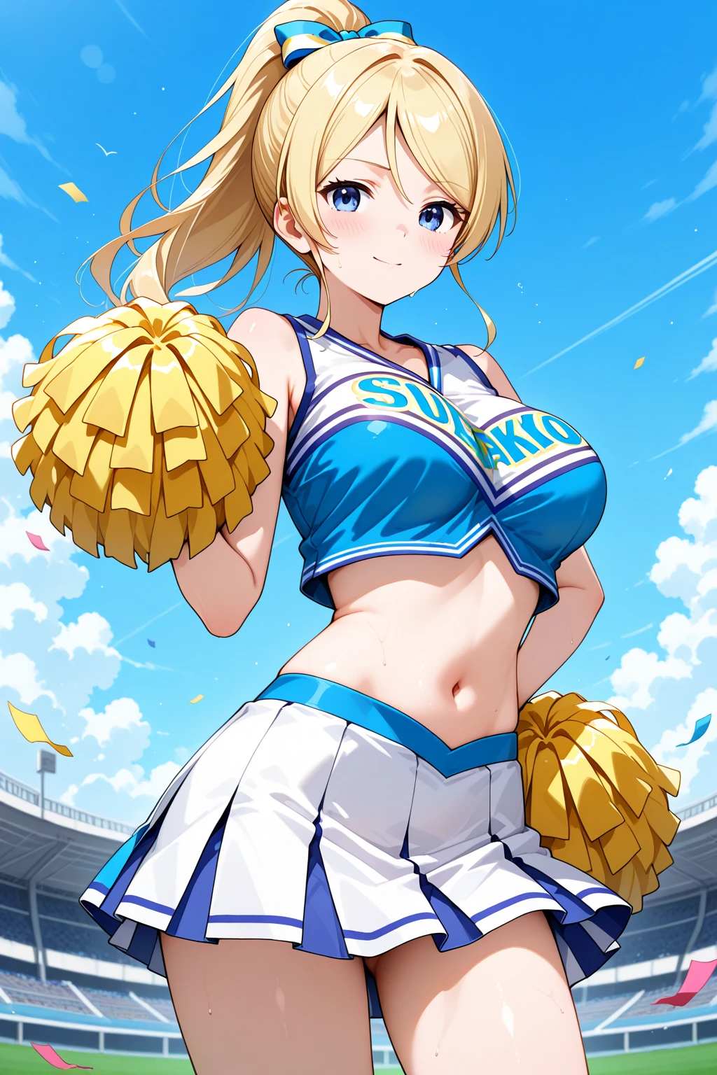 score_9, score_8_up, score_7_up, rating_explicit, 1girl, solo, MahiruShiina, otonari no tenshi-sama ni itsu no mani ka dame ningen ni sarete ita ken, shiina mahiru \(otonari no tenshi-sama\), yellow eyes, blonde hair, long hair, straight hair, medium breasts, cheerleader, sleeveless, crop top, crop top overhang, skirt, miniskirt, pleated skirt, blue shirt, white skirt, bare legs, cleavage, ass visible through thighs, thigh gap, contrapposto, looking at viewer, outdoors, blue sky, confetti, blush, nose blush,