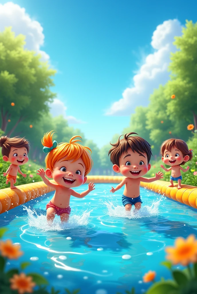 A summer pool, cheerful and bright with colorful buoys, popsicle cart, two children playing happily inside the pool water in the foreground under a sunny sky (disney)