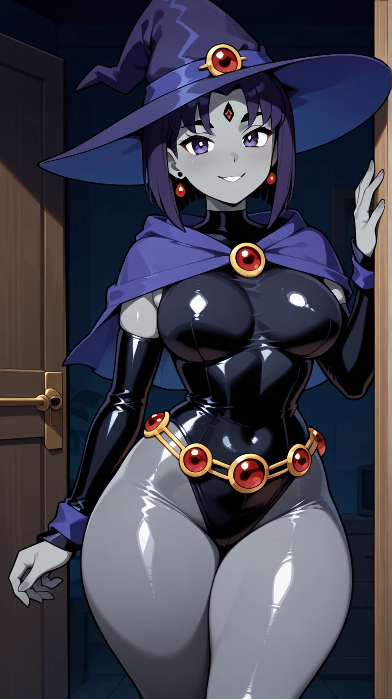 (solo:1.1),(masterpiece), (best quality:1.3), ultra detailed, intricate, professional art, digital art, absurdres, shadraven, (Full body view:1.1), 1girl, solo, (grey skin:1.4), dark purple hair, bob hair, dark purple eyes, hips wider than shoulders, pear shaped body, jewellery, detailed thighs, thick thighs, red jewel in forehead, jewels, (long sleeved turtleneck leotard:1.4), cuffs, small breasts, nipple bulge, (shadraven long cloak), (Shadraven broach:1.2), Shadraven jewel belt, Shadraven wearing a long sleeved leotard, long legs, ( long crotch bulge:1.4), large penis, large testicles, side view, looking at viewer, bubble butt , gluteal crease, universal lighting,
