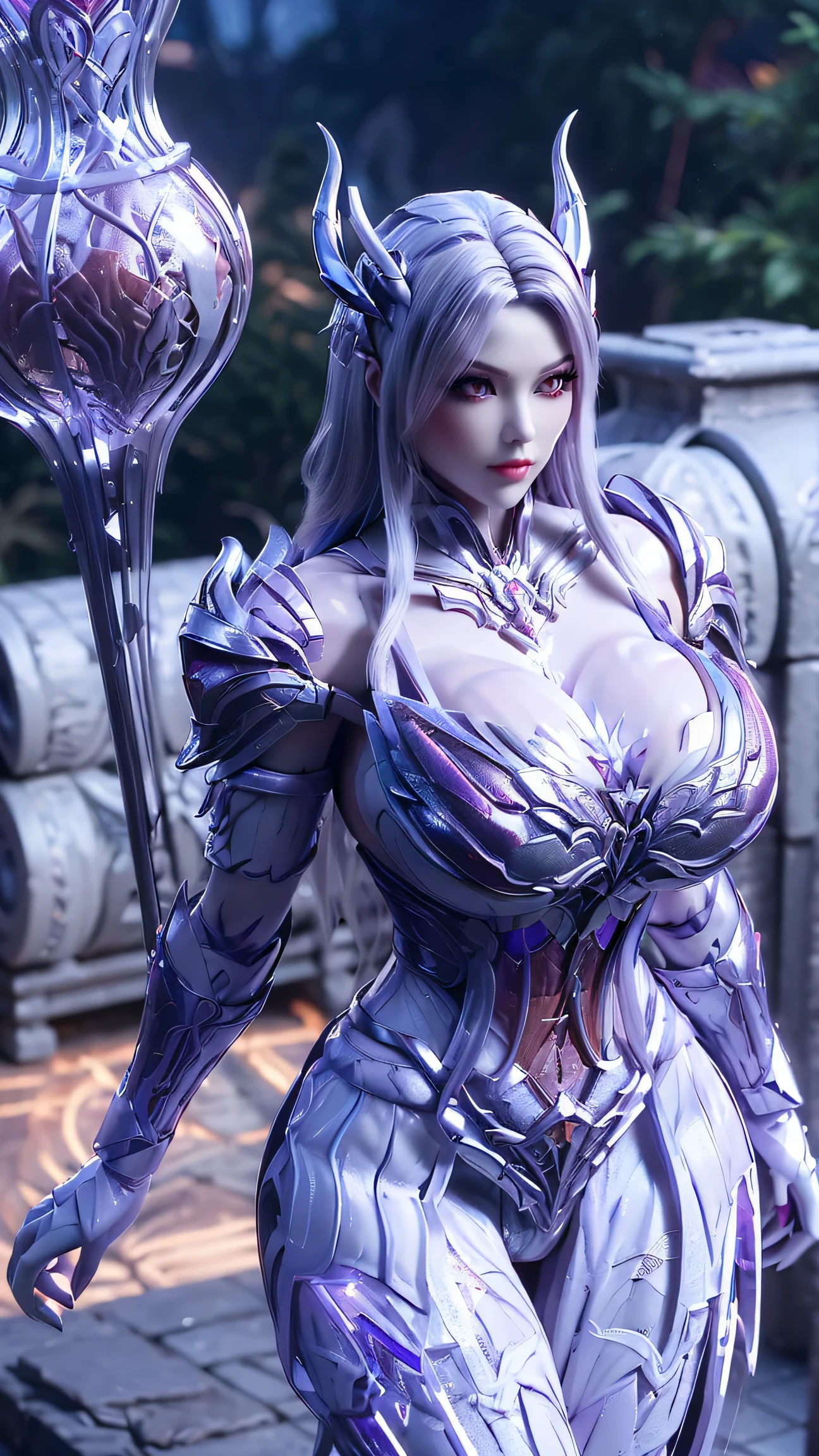 A BUSTY MILF, CLOSEUP UPPER BODY,SOLO, ((DRAGON MECHA HORN, LONG HAIR)), ((GIANT FAKE BREASTS, DEEP CLEAVAGE, EXPOSE ABS:1.5)), ((WEARING OUTFIT SILVER, PURPLE, CRIMSON RED DRAGON MECHA TRANSFORMERS SKIMPY ARMOR:1.5)), (MUSCULAR HOURGLASS BODY SHAPE:1.5), (White porcelain SKIN:1.5), (LOOKING AT VIEWER:1.2), (BACKGROUND FUTURISTIC SPACE STATION:1), (PHOTOREALSITIC:1.4), (ULTRA-DETAILLIERT), (TOP-QUALITY), (BEST SHADOWS), BRIGHT LIGHT IN ROOM, HYPER TEXTURE, (8X MSAA), ((UNREAL ENGINE 5 RENDER)), (NEON), PHYSICALLY-BASED RENDERING, ULTRA HIGHT DEFINITION, 16K, 1080P.