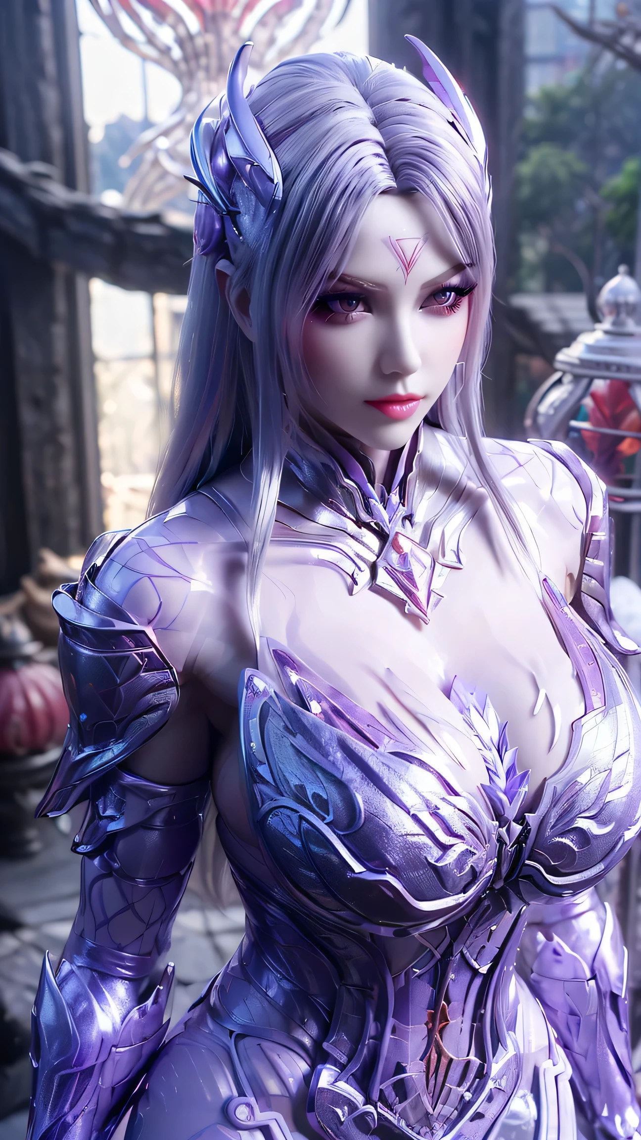 A BUSTY MILF, CLOSEUP UPPER BODY,SOLO, ((DRAGON MECHA HORN, LONG HAIR)), ((GIANT FAKE BREASTS, DEEP CLEAVAGE, EXPOSE ABS:1.5)), ((WEARING OUTFIT SILVER, PURPLE, CRIMSON RED DRAGON MECHA TRANSFORMERS SKIMPY ARMOR:1.5)), (MUSCULAR HOURGLASS BODY SHAPE:1.5), (White porcelain SKIN:1.5), (LOOKING AT VIEWER:1.2), (BACKGROUND FUTURISTIC SPACE STATION:1), (PHOTOREALSITIC:1.4), (ULTRA-DETAILLIERT), (TOP-QUALITY), (BEST SHADOWS), BRIGHT LIGHT IN ROOM, HYPER TEXTURE, (8X MSAA), ((UNREAL ENGINE 5 RENDER)), (NEON), PHYSICALLY-BASED RENDERING, ULTRA HIGHT DEFINITION, 16K, 1080P.