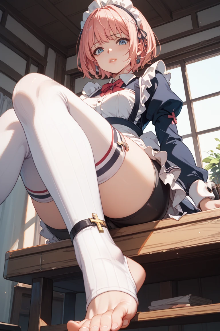 nsfw,cherry blossom cream, short hair, ribbon, Green Eyes, hair ribbon, Pink Hair, Ahoge,
skirt, Plaid, Plaid skirt, shirt, white shirt, collared shirt, Jacket, Long sleeve, Captivating smile,masterpiece,Noise Reduction,Perfect Anatomy,High resolution, Very detailed,Game CG,Dutch Angle ,Beautiful attention to detail,Visual Arts,Five Fingers, Perfect hands, Perfect lighting,                                    
                                  Cowboy Shot、(White panties)、(from below),（,arms behind back,）、Sit on a chair、Spread your legs、