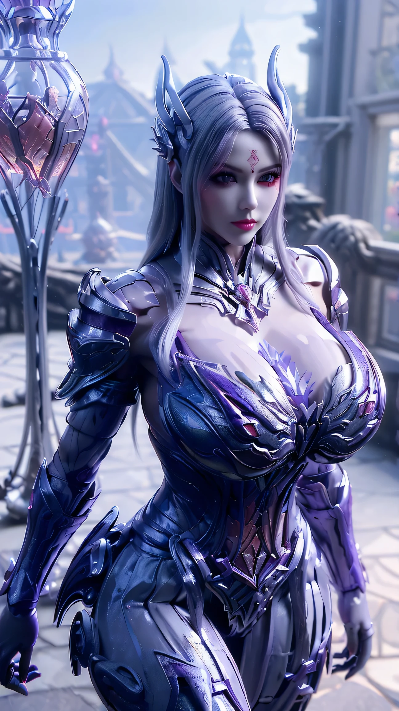 A BUSTY MILF, CLOSEUP UPPER BODY,SOLO, ((DRAGON MECHA HORN, LONG HAIR)), ((GIANT FAKE BREASTS, DEEP CLEAVAGE, EXPOSE ABS:1.5)), ((WEARING OUTFIT SILVER, PURPLE, CRIMSON RED DRAGON MECHA TRANSFORMERS SKIMPY ARMOR:1.5)), (MUSCULAR HOURGLASS BODY SHAPE:1.5), (porcelain SKIN:1.5), (LOOKING AT VIEWER:1.2), (BACKGROUND FUTURISTIC SPACE STATION:1), (PHOTOREALSITIC:1.4), (ULTRA-DETAILLIERT), (TOP-QUALITY), (BEST SHADOWS), BRIGHT LIGHT IN ROOM, HYPER TEXTURE, (8X MSAA), ((UNREAL ENGINE 5 RENDER)), (NEON), PHYSICALLY-BASED RENDERING, ULTRA HIGHT DEFINITION, 16K, 1080P.