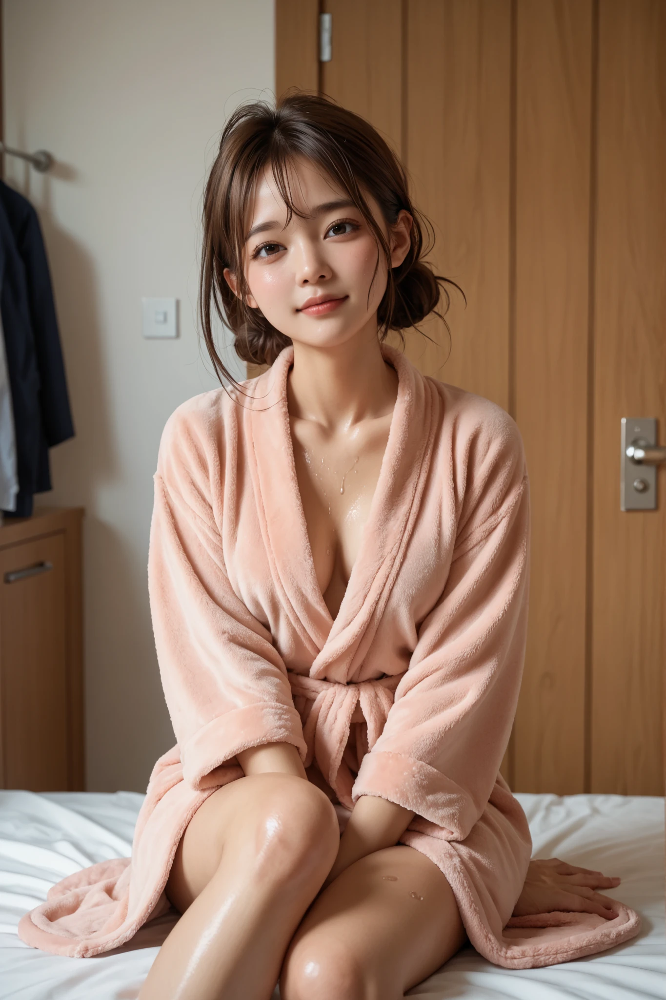 Top quality, one beautiful woman, Sitting cross-legged on the sofa, Wearing a bath robe