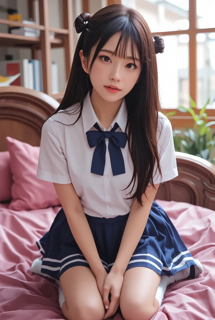sitting with hands on knees She faces forward and spreads her legs wide to the sides, showing off her too-small white cotton panties.、Her white panties made of lace material are visible.、White bra is visible, A beautiful young girl with blonde twin tails wearing a sailor suit is leaning on a fluffy white sofa, lifting her white blouse to reveal a white bra, and opening her legs and lifting her skirt to reveal white lace panties., a blond, Photos of very beautiful Nordic-born girls, 12years, Blonde hair ,Seductive open legs pose, 4k, top-quality, hight resolution:1.1), Drawing so that the crotch cloth of the white underwear is visible, tiny panties, white panties made of lace material 、Blue plaid skirt, Red plaid skirt, high school student uniform、 a sailor suit, Cleavage visible from the blouse, The clothes are fluffy, bed room, class room, dining room, tiny chest、 Angle from your feet, The bra is sheer、 Clothes are see- through、 White panties with ribbon NSFW