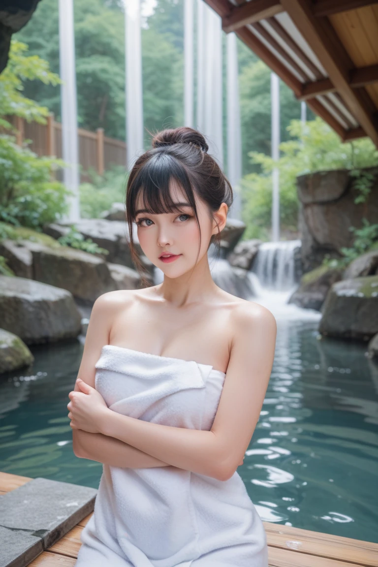 最high quality、high quality、Best image quality、8k、最High resolution、High resolution、最high quality、masterpiece、Detailed and realistic human body、Detailed and realistic skin、Realistic face in every detail、Realistic reproduction of every detail、Detailed and realistic lips、Detailed and realistic teeth、Detailed and realistic ears、Detailed and realistic hair、Detailed and realistic weapons、Realistic reproduction of every detail、Realistic fingers in every detail、(Beautiful Hands、thumb1reference4)、Realistic feet down to the last detail、((Beautiful Japan))、(Japanese Model), (Japanese women)、((18 year old beautiful girl))、(Black Hair)、(Random Hairstyles)、((whole body))、((Beautiful upturned breasts))、(Slim Style、Slim fit)、(whole body光沢肌、Fair skin)、、(Soft natural light)、((Deep in the forest(Natural hot springs gush out))、((Hot springs surrounded by rocks))、((deep bathtub(deep hot spring))、((Onsen Girls))、((Enter the hot spring))、((A woman warming herself in a hot spring))、((Soak in a hot spring))、((腰までSoak in a hot spring))、((in hot spring water、Sit with your butt down))、((Sit on your knees in the hot spring))、((Sit on your knees in the hot spring))、((Lying in a hot spring))、((Kneeling in the hot spring))、((Immerse yourself in hot spring water up to your shoulders))、((A lot of steam rises from the hot spring..))、((Extremely clear hot spring water))、((The main body seen from the water surface))Wearing only a towel