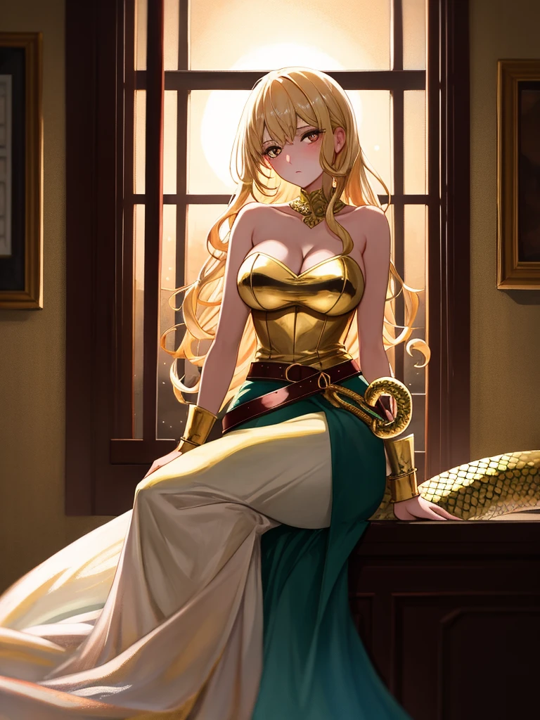 ((Highest quality)), ((masterpiece)), (detailed), （Perfect Face）、The woman was a tiare with green eyes and medium-long blonde hair, and was wearing a luxurious, shiny, gold-colored, long-slit see-through dress with gorgeous embroidery and trim, which allowed her skin to show through, a gold-colored see-through cape, and a gold-colored see-through veil. She was wearing a gorgeous jeweled hair accessory, a jeweled head dress chain, a jeweled waist chain, a gorgeous necklace, bracelets, ankle bracelets, jeweled earrings, and shiny gold boots. She was also wearing an engagement ring.、The woman is sitting on a luxurious sofa in a luxurious room with her 16-year-old daughter and a man, enjoying a family gathering.、The man is a dignified, bearded, elderly man of great wealth, wearing luxurious clothing with gold embroidery and trim.、The 16-year-old girl, who resembles the woman, is wearing the same clothes as the woman and hugging her mother.