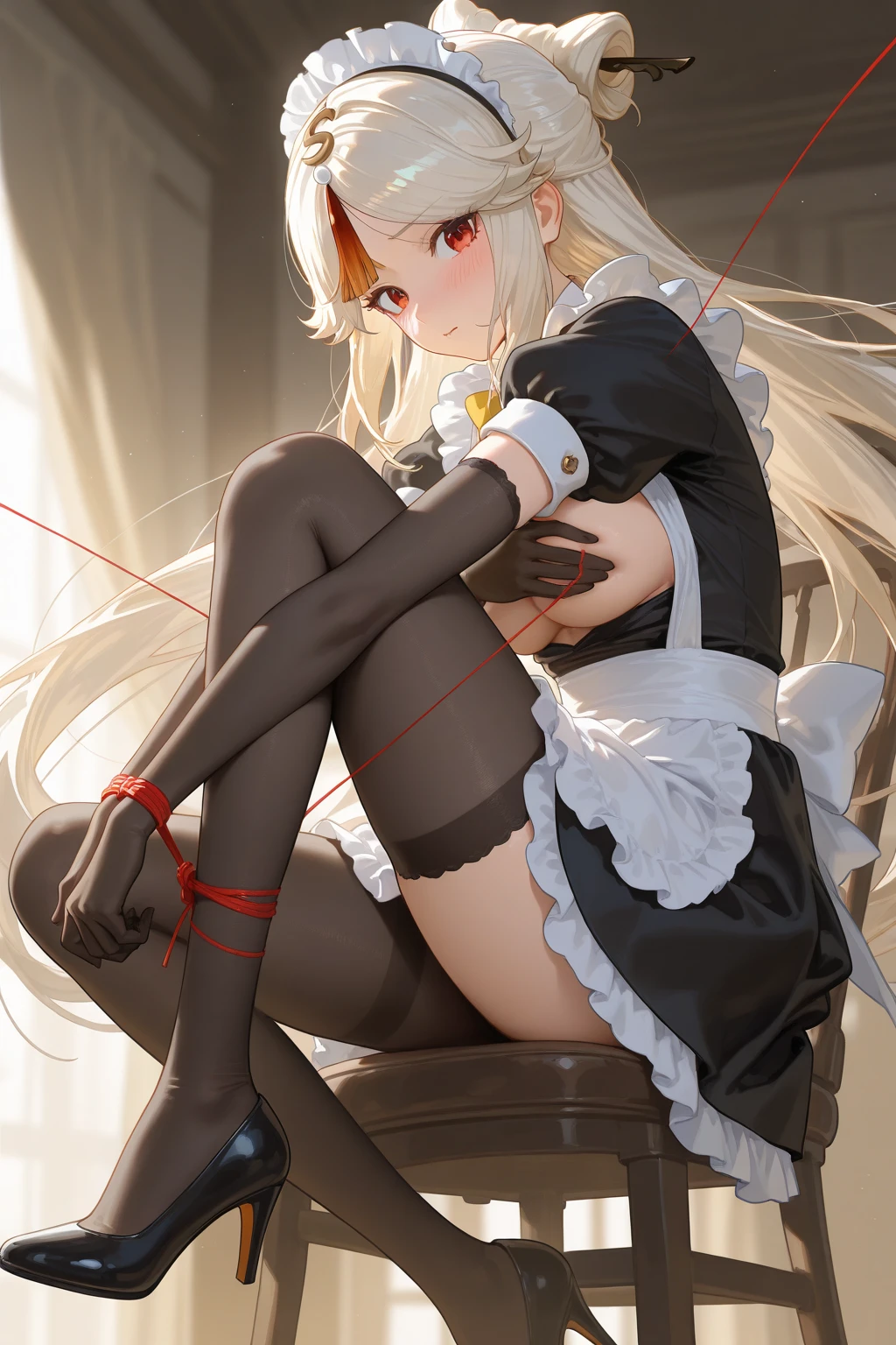 Amazingly beautiful girl, petite and seductive blue eyes, blonde hair, blush eyeshadow, dark eyelashes, shallow depth of field, (flat breast), blonde hair, (dark skin, black panties, erotic look), looking at the camera, on a big bed, (kneeling down, from below, hair over one yey, focus thighs)), half-closed eyes, Dark Elf, Ridiculous Long Hair,((edwardian Maid)), headband, apron dress, ear-piercing, long skirt, choker, blue eyes, detailed eyes, long bangs, very long side hair, super delicate, (best quality, very detailed: 1.25), petite girls, girls, black shorts, black tights,garter belt, knee-highs, lift up