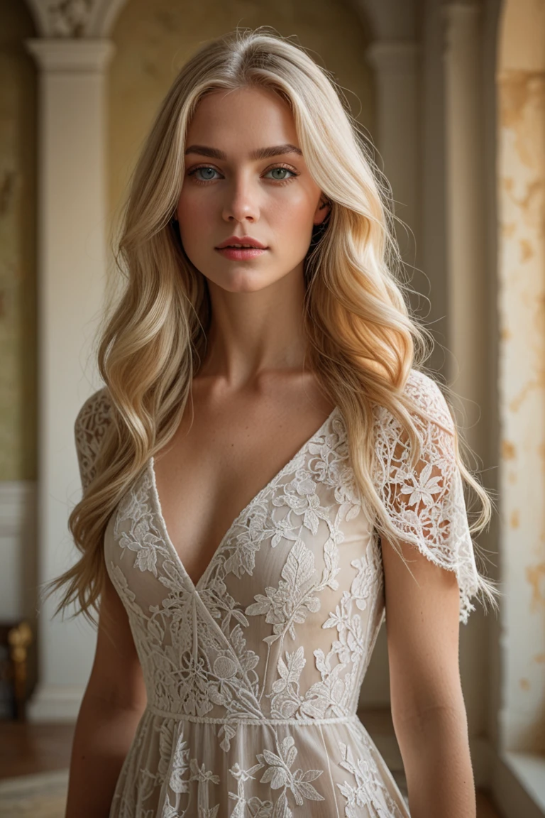 Extremely light white woman, young, neoteny,adult, very long and straight light blonde hair, full body,angelical face, large rounded butt, thin waist, curved hips bare feet, hyper realistic, angelical face, hourglass body, sexy body, big ,in a room,welcoming, affectionate and kind personality,hourglass body, curves,facial features identical to the image,hyper realistic