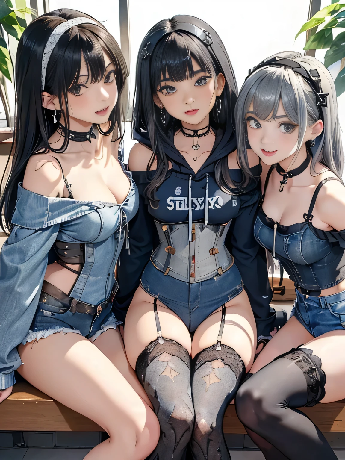 cute girls, blue eyes, black hair,smiling,cropped sweater,thong,g-string,cyborg,gaming room