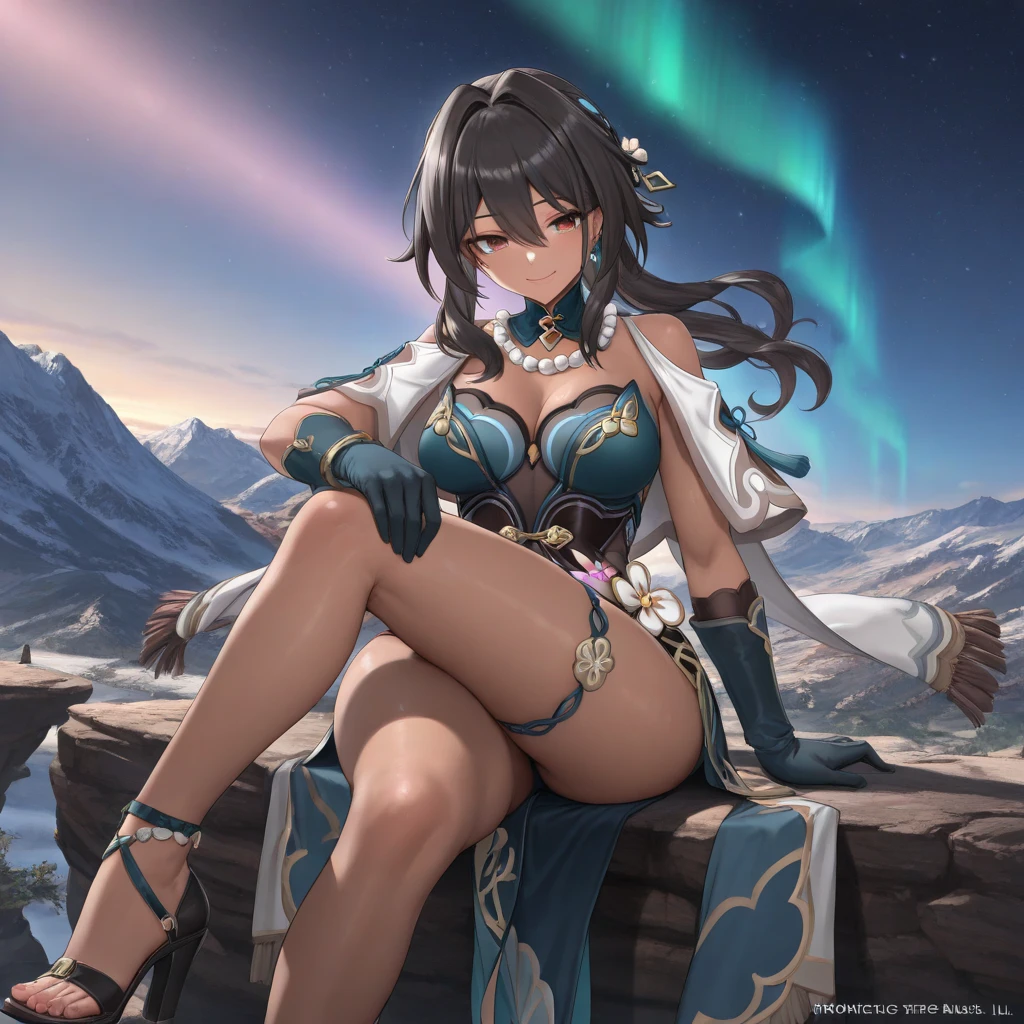 A woman with elements of Dana from Ys: Lacrimosa of Dana, furina de genshin impact. Her hair is a fusion de corte de pelo asimetrico of black fading to crimson, with a long ponytail with silver tips. Her eyes are fuchsia with gold touches. She wears garments inspired by arcanapunk and Egyptian styles, including a short garter and a knee-length skirt in shades of white, orange, and black. She is on her way to a city seen in the distance with a fusion de arquitectura de arcanapunk and Inca architecture in the middle of the night in a frozen winter desert, the woman with a look of fatigue and determination.
