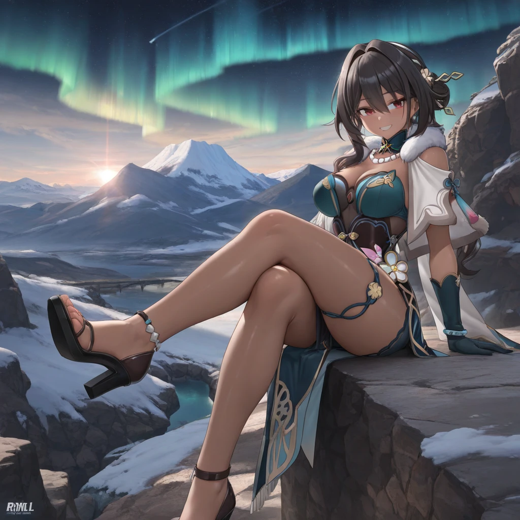 full length image, Horizontal orientation, 8K, masterpiece, The most detailed, highest quality, perfect view. art, create a form, Young woman, tan, Nice dress, purple hair and brown eyes, Asian appearance, (long hair:1.3), dark theme, Open Area, maybe mountains and snow, day, sunny,