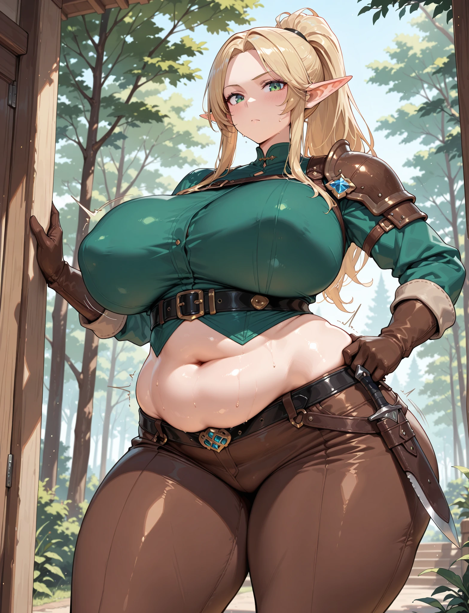 (Best Quality, Masterpiece:1.4), (Realism:1.2), (Realisitc:1.2), (Absurdres:1.2), 4K, Detailed, Ultra-Detailed, Digital Art, Detailed Face, (Hyper-Detailed Eyes:1.2), (Solo:1.4), 1Girl, (Standing:1.2), (Gigantic Breasts:1.8), (Elf:1.2), Pointy Ears, (Blonde Hair:1.2), Long Hair, (Sidelocks:1.2),(Green Eyes:1.4),(Curvy:1.4), Thick Thighs,Brown Knee Boots, (Brown Shorts:1.2), (Brown Cloak:1.2), (Brown Thighhighs:1.4), Green Dress, Black Belt, venusbody, (Ornate:1.2),(Nature:1.2), (Forest:1.4), (Mountains:1.2), Rocks, Rock, River, (Wooden Bridge:1.2),