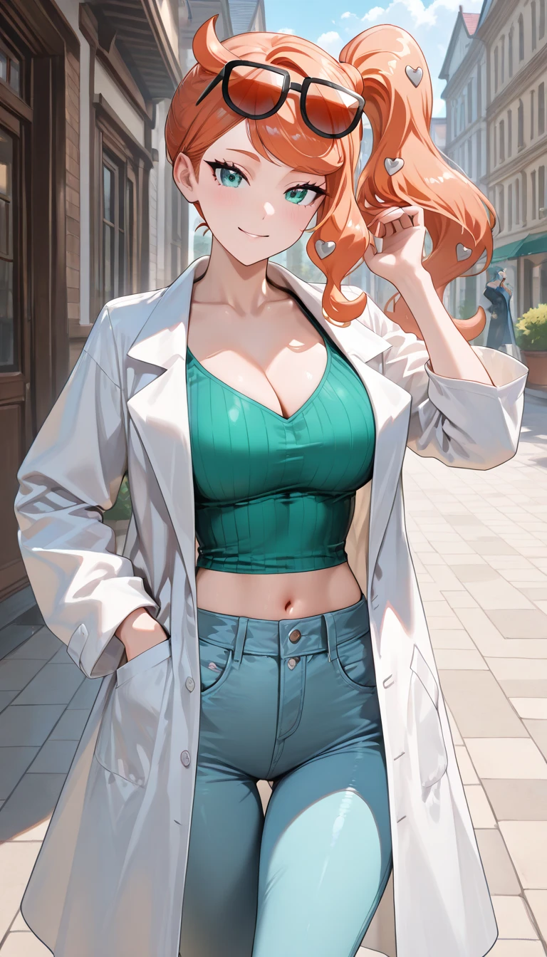 woman with large breasts, sexy body, cleavage, ((camisole)), Sonia from pokemon, ((cutesexyrobutts)), artgerm and lois van baarle, style artgerm, high quality fanart, unparalleled masterpiece, crop top, tight pants, ((lab coat)), ultra realistic 8k CG, perfect artwork, (1girl:1.1), solo, (teasing), best quality:1.1 , (beautiful), earrings, jewelry, (shiny skin:1.2), (hdr), (tropical paradise:1.2), trending on ArtStation