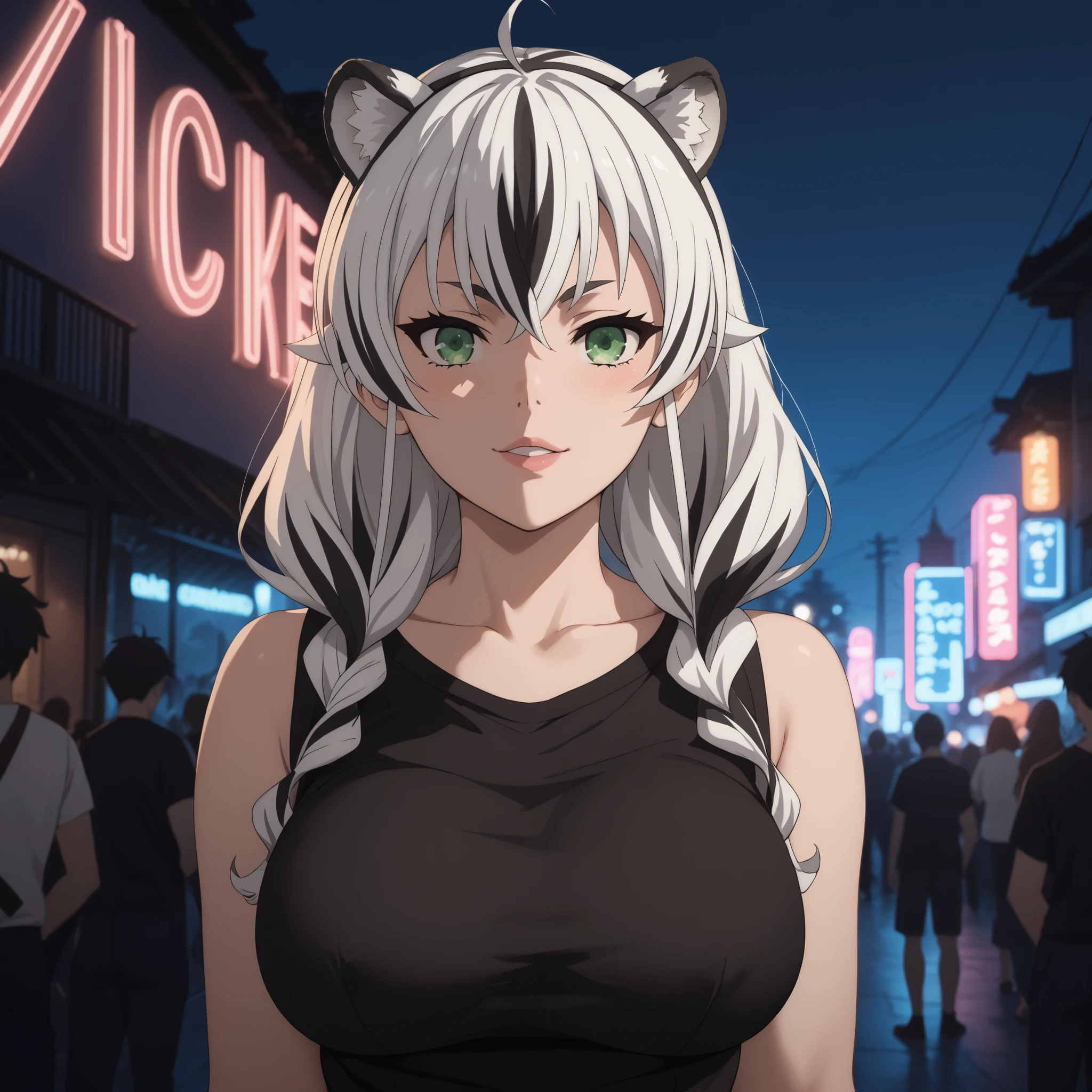 Eris Greyrat de Mushoku Tensei 25 years old mature face ,white tiger ears , White hair with black stripes, Bicolor hair , Green eyes, flirty look, curvy figure and big breasts, sleeveless black t-shirt, black miniskirt, highlighting her silhouette. .Background an electronic party at night, fiesta. neon lights , warm and soft lighting, highlighting the reflections in her skin and hair. anime-style, ultra detailed, high quality art, 4k, soft shadows and vibrant light effects,