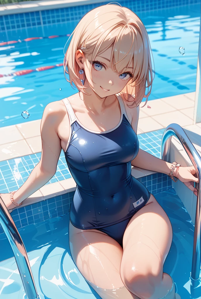 Short Hair、Blonde、Nipples、swimming、Swimsuit、Open your legs while crouching、Perfect body