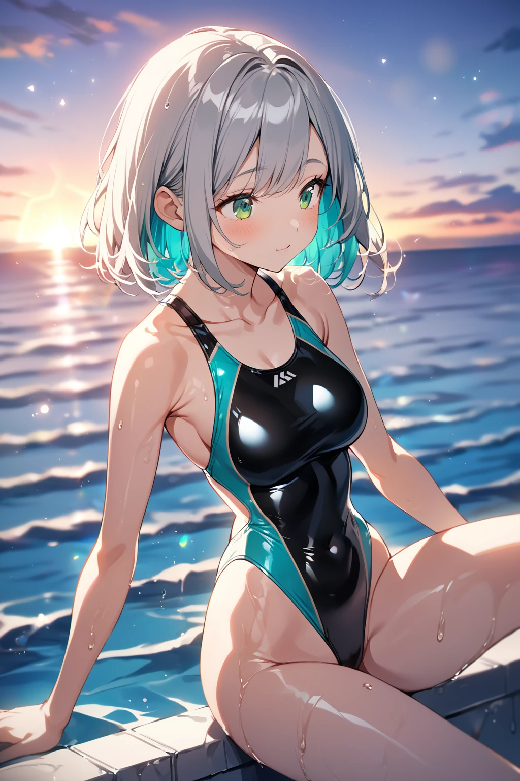 score_9, score_8_up, score_7_up, score_6_up, score_5_up, score_4_up,sitting,smile,swimsuit,detailed,beach,waves,wet hair, cleavage medium breast, <lora:Smooth Anime 2 Style SDXL_LoRA_Pony Diffusion V6 XL:1> <lora:luc13dg3runn3rXL_Pony_v1:1> 1girl, luc13dg3runn3r, short hair, bangs, multicolored hair, makeup, blue eyes,
