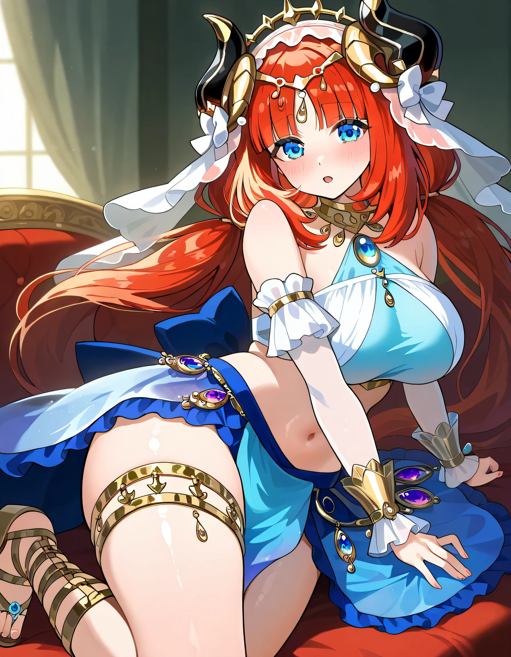 Nilou Red Hair Blue Eyes Beautiful Girl Twin Tails Blue Waist Cloth Dancer Cropped Top Detached Sleeve Square Veil White Veil Sandals Gladiator Sandals Blue Skirt Big Breasts Nice Buddy Glamour Melo Melo Delle Delle Delle, cute , pretty details