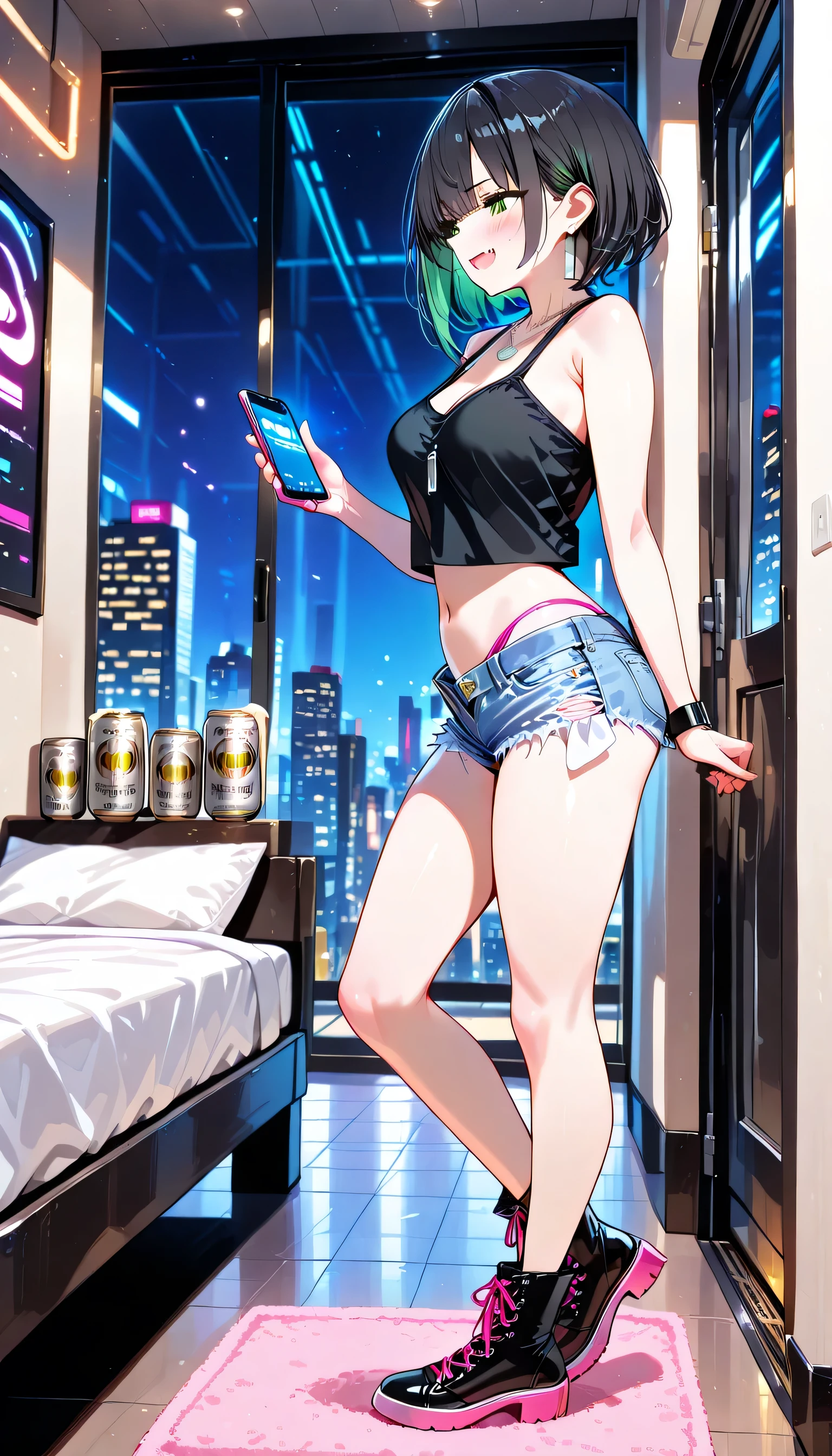 NSFW,cute,Lays on back on the bed ,Holds phone with right hand ,((500ml can of Drinking beer:1,3)),Looks at phone screen ,full body,walking on the Corridor space in a high-rise apartment building,(masterpiece, ultra high definition, 16k, intricate), sharp focus, crisp details,virtual youtuber, 1woman ,30yo, woman ,idol,influencer,over size black tank top ,shocking pink brassiere, denim hot pants,shocking pink panties ,Black short hair、 black hair、green eyes 、silver necklace、grinning,fang,displeased , blush, side view, simple background, Lewd woman 、 glamor body、 is embarrassing、shy、 women ,earrings、Open up, medium breasts,blush,,sapSmile lightly 