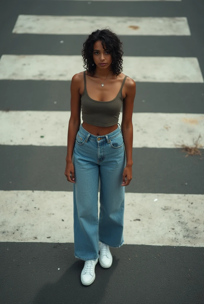8k, highest quality, ultra details, African-American, young female, trendy American style, crop top, high-waisted jeans, ankle boots, shopping on a bustling city street.