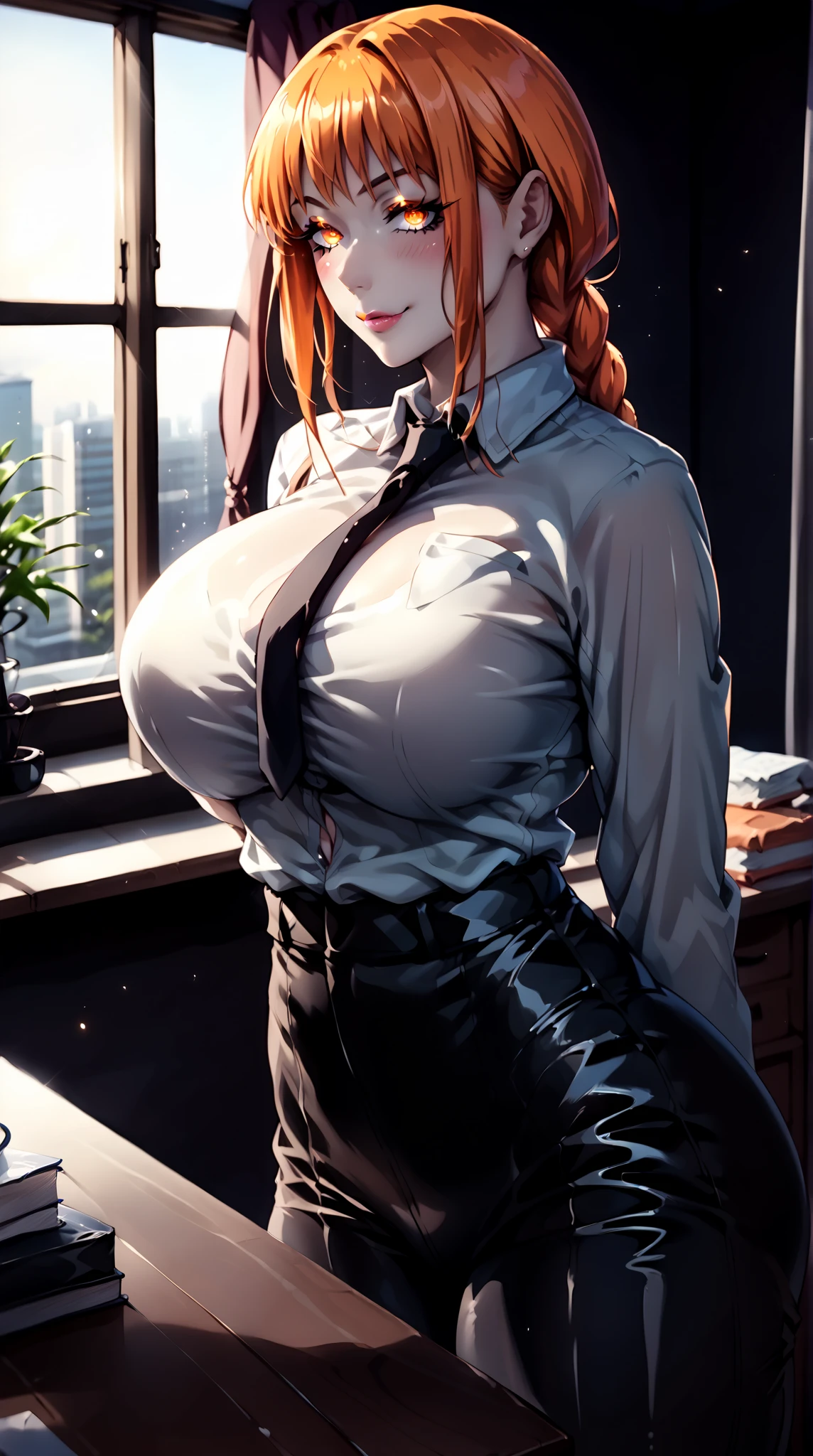 makima from chainsawman, yellow vivid eyes, wearing her iconic white long sleeve, wearing black dark business pants, hair braided, standing, office setting, cleavage, big breasts