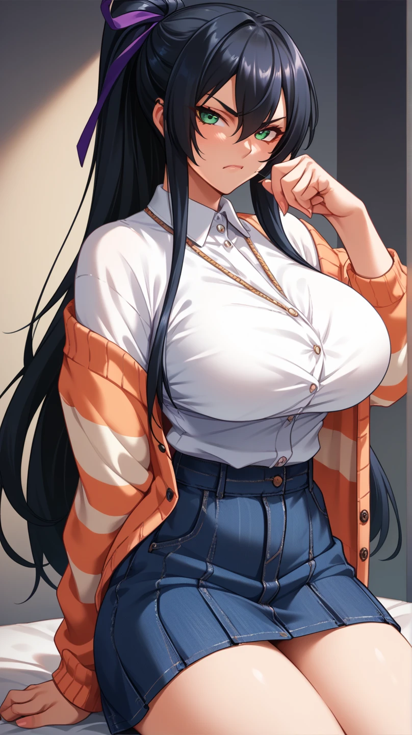 1 Girl, Rikka Takarada, blue eyes, black hair, long hair, bangs, , white cardigan, black miniskirt, red bowtie, orange wrist scrunchie, Huge breasts、Huge Ass、Very thick thighs、Sexual smile、Bitch、prostitution、masterpiece:2, High resolution、high quality、High resolution、8K,Anime Style、Shiny skin、Oily skin、