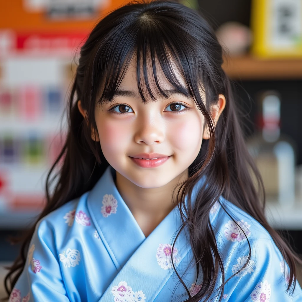 11 year old girl　Japanese　Blue yukata with iris pattern、yukata　Realistic Skin　Bigeyes　smile